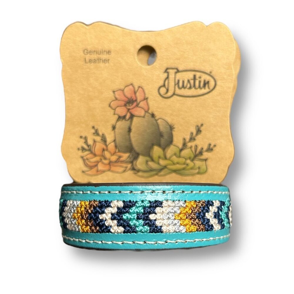 Justin Aztec Genuine Leather Cuff Bracelet Turquoise Embroidered West Cowgirl